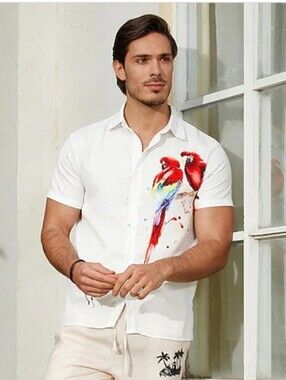 Parrot Tropical Cruise Shirt Hawaiian Button Up White 2X/3X Resort Island Print